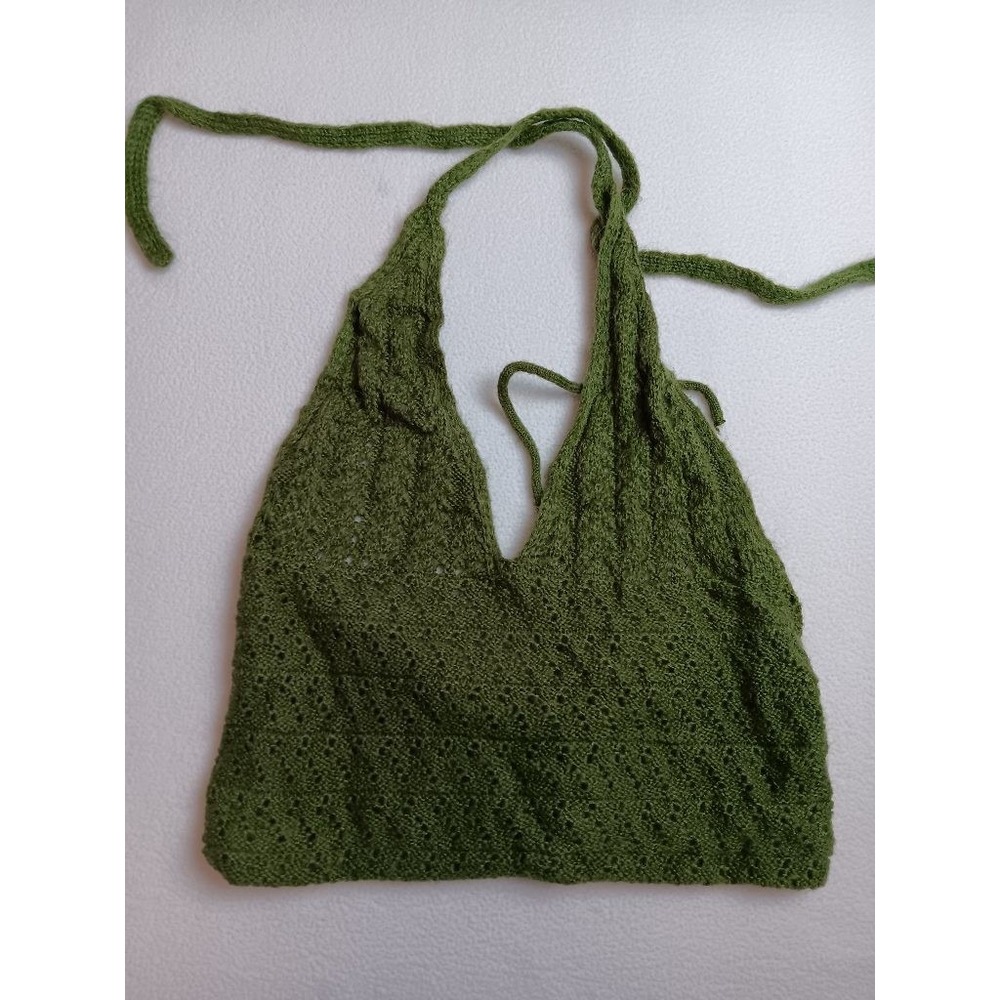 Green Knit Halter Crop Top M Pointelle V Backless Tie Boho Cottagecore Mohair